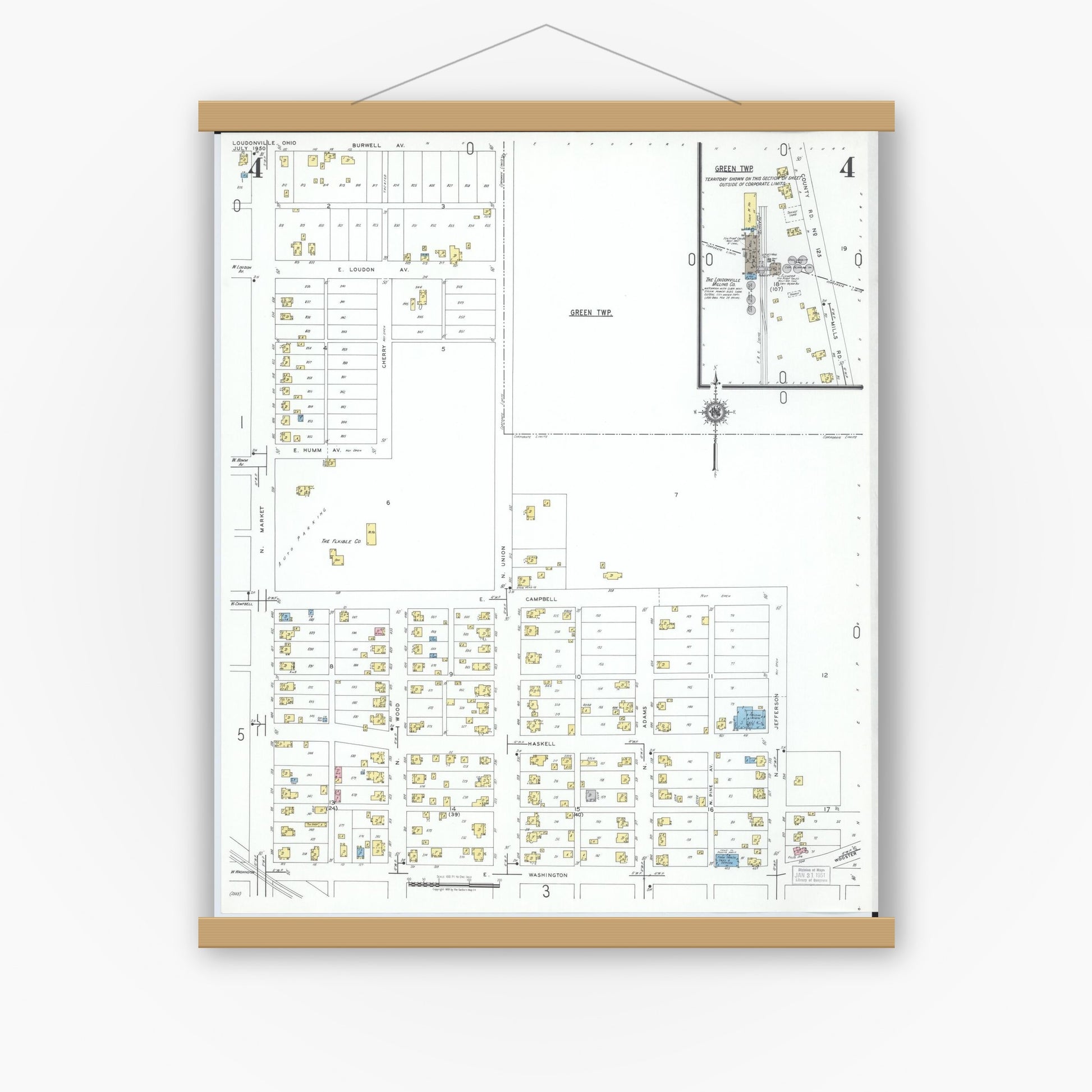 Old map wall art mockup — magnetic wood frame on white wall — Sanborn Fire Insurance Map from Loudonville, Ashland County, Ohio (1950), Sheet #0004