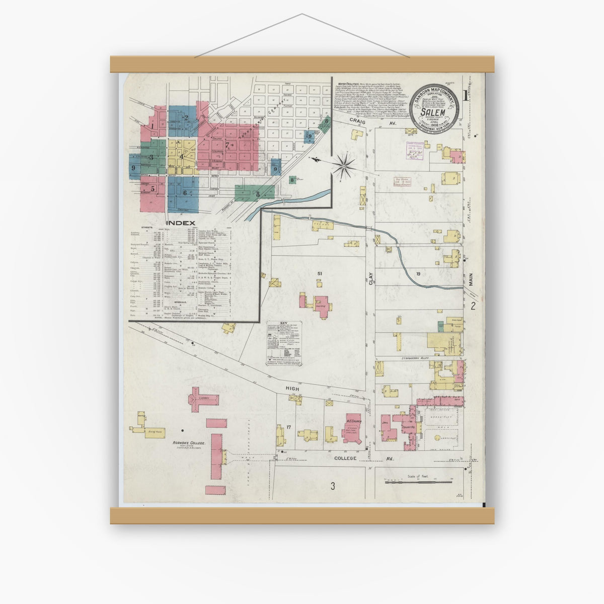 Old map wall art mockup — magnetic wood frame on white wall — Sanborn Fire Insurance Map from Salem, Independent Cities, Virginia (1908) - Complete Map Set