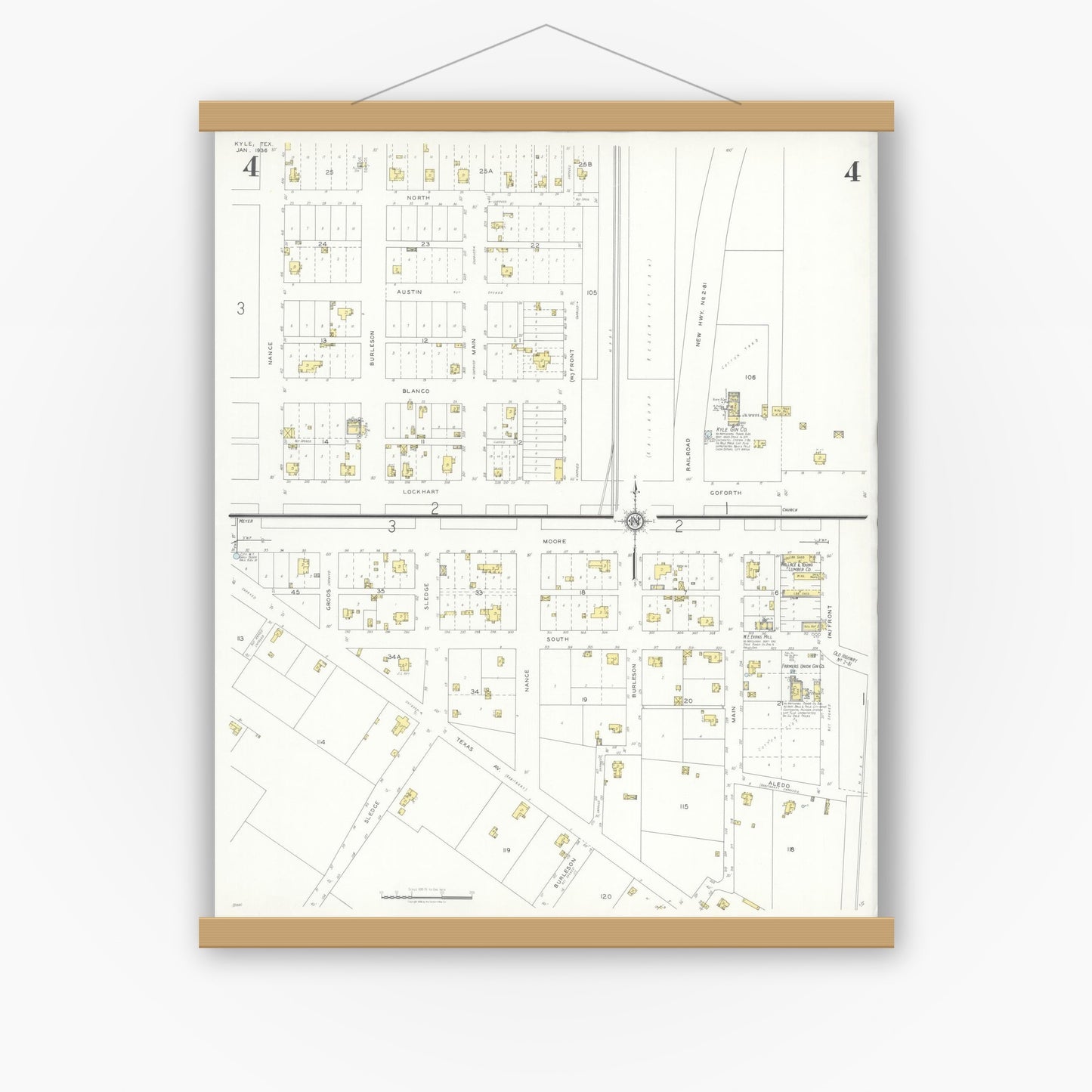 Old map wall art mockup — magnetic wood frame on white wall — Sanborn Fire Insurance Map from Kyle, Hays County, Texas (1936), Sheet #0004