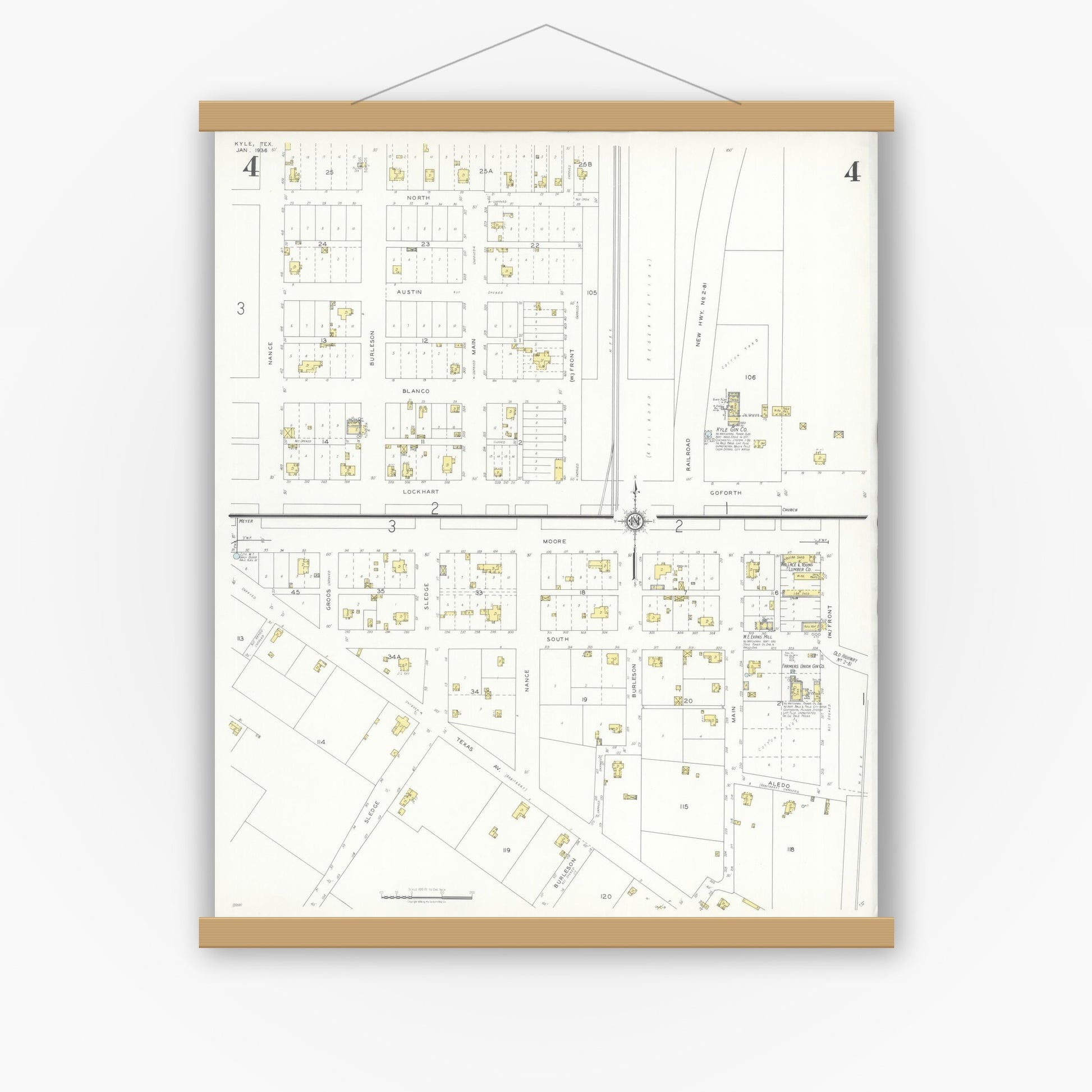 Old map wall art mockup — magnetic wood frame on white wall — Sanborn Fire Insurance Map from Kyle, Hays County, Texas (1936), Sheet #0004