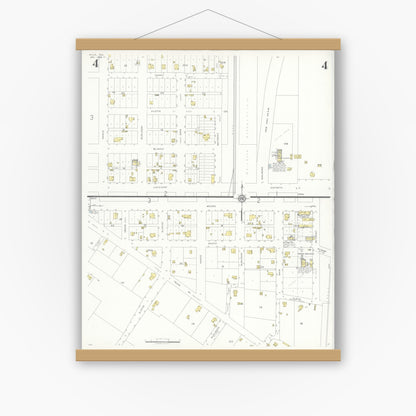 Old map wall art mockup — magnetic wood frame on white wall — Sanborn Fire Insurance Map from Kyle, Hays County, Texas (1936), Sheet #0004