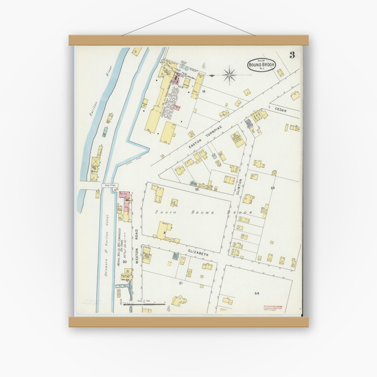 Old map wall art mockup — magnetic wood frame on white wall — Sanborn Fire Insurance Map from Bound Brook, Somerset County, New Jersey (1895), Sheet #0003