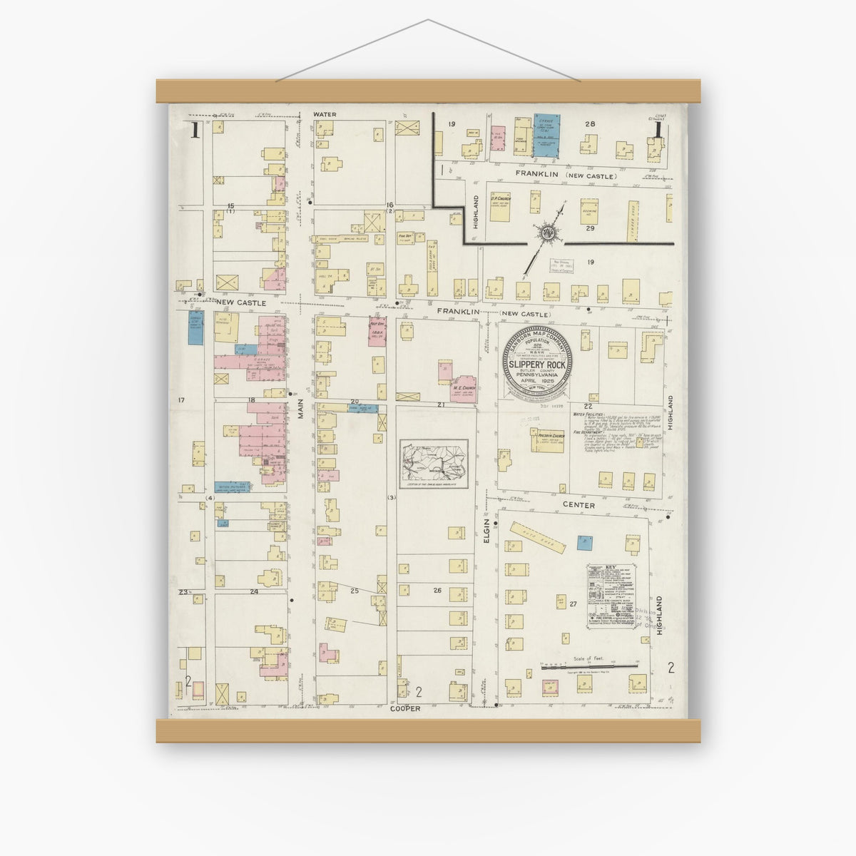 Old map wall art mockup — magnetic wood frame on white wall — Sanborn Fire Insurance Map from Slippery Rock, Butler County, Pennsylvania (1925), Sheet #0001