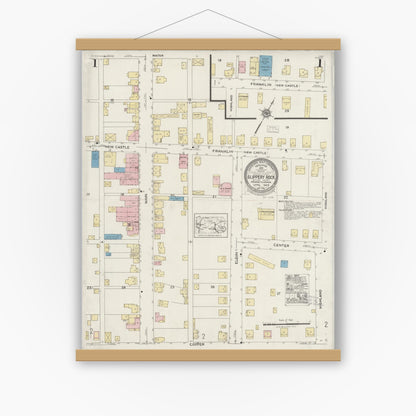 Old map wall art mockup — magnetic wood frame on white wall — Sanborn Fire Insurance Map from Slippery Rock, Butler County, Pennsylvania (1925), Sheet #0001