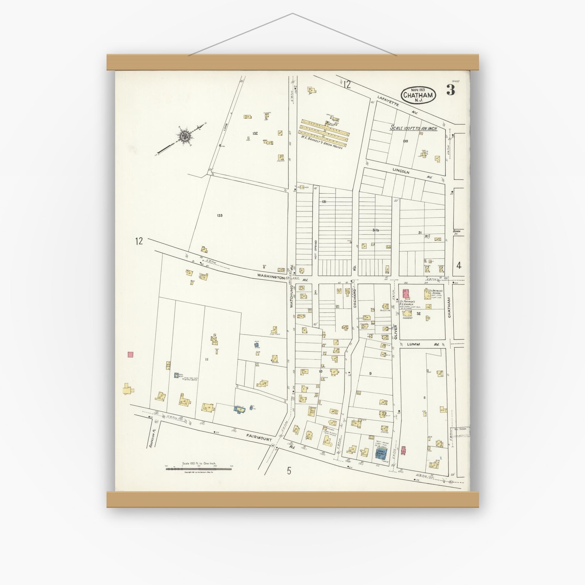 Old map wall art mockup — magnetic wood frame on white wall — Sanborn Fire Insurance Map from Chatham, Morris County, New Jersey (1921), Sheet #0003