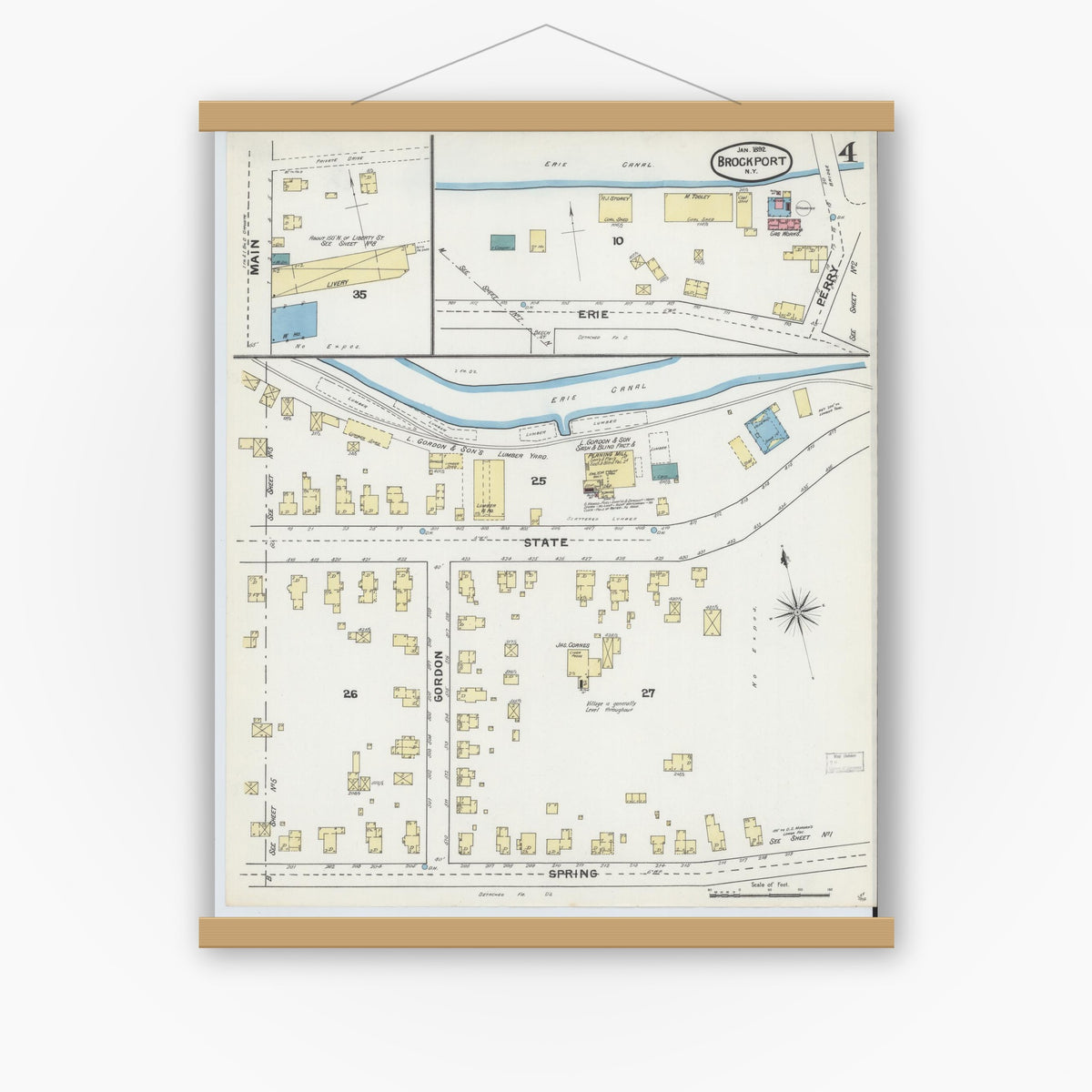 Old map wall art mockup — magnetic wood frame on white wall — Sanborn Fire Insurance Map from Brockport, Monroe County, New York (1892), Sheet #0004