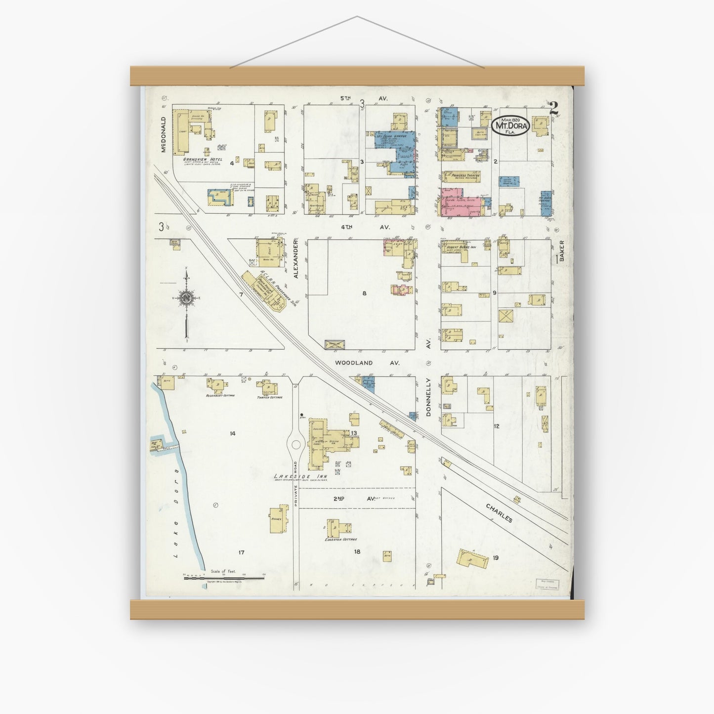 Old map wall art mockup — magnetic wood frame on white wall — Sanborn Fire Insurance Map from Mount Dora, Lake County, Florida (1920), Sheet #0002