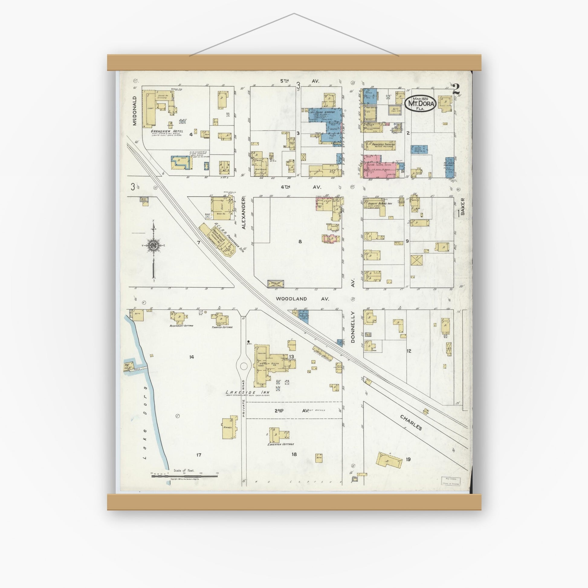 Old map wall art mockup — magnetic wood frame on white wall — Sanborn Fire Insurance Map from Mount Dora, Lake County, Florida (1920), Sheet #0002