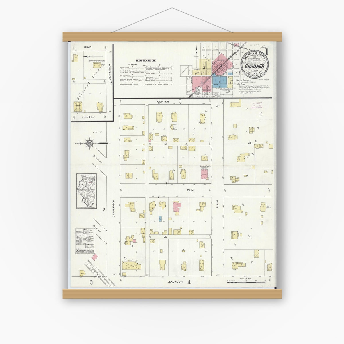 Old map wall art mockup — magnetic wood frame on white wall — Sanborn Fire Insurance Map from Gardner, Grundy County, Illinois (1913) - Complete Map Set