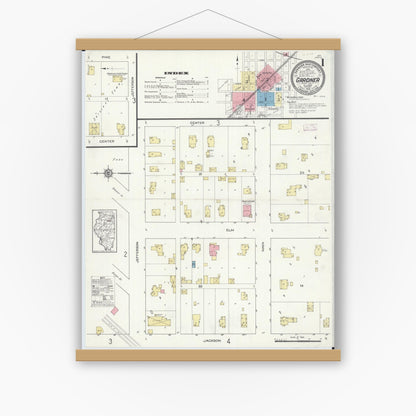 Old map wall art mockup — magnetic wood frame on white wall — Sanborn Fire Insurance Map from Gardner, Grundy County, Illinois (1913) - Complete Map Set