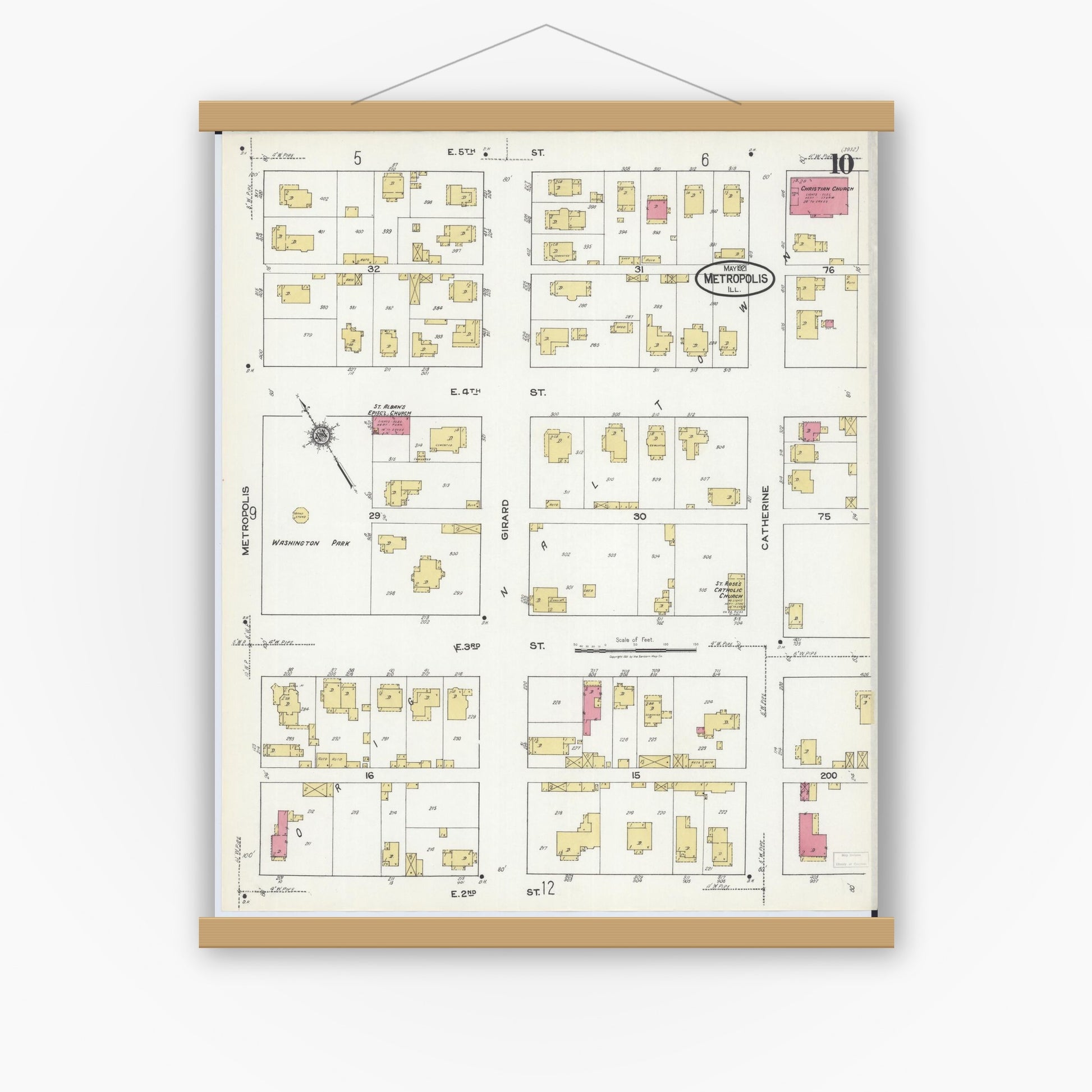 Old map wall art mockup — magnetic wood frame on white wall — Sanborn Fire Insurance Map from Metropolis, Massac County, Illinois (1921), Sheet #0010