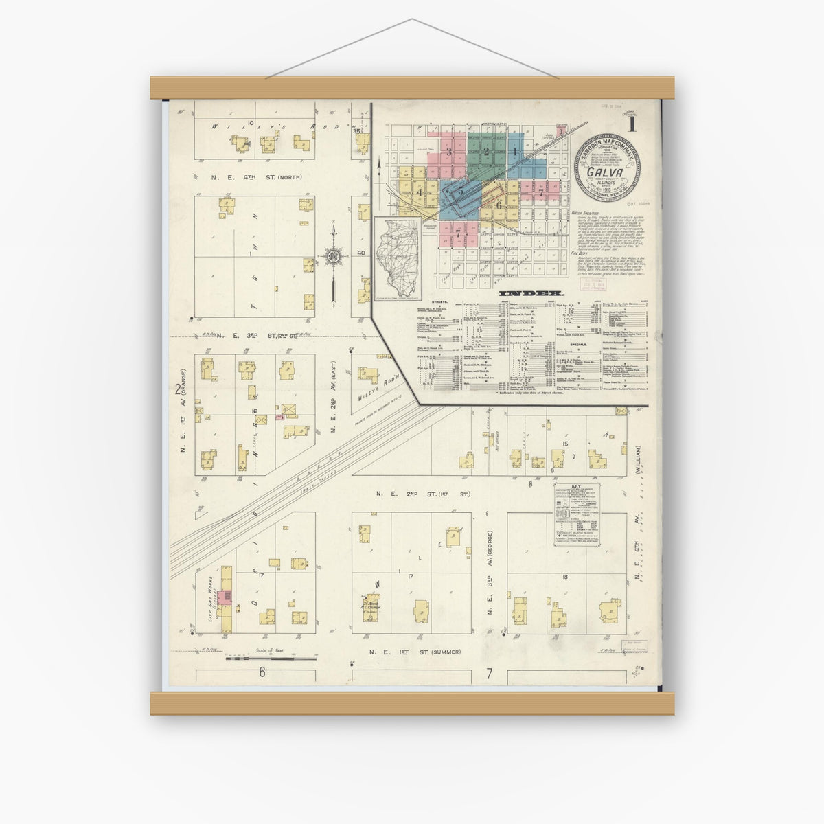 Old map wall art mockup — magnetic wood frame on white wall — Sanborn Fire Insurance Map from Galva, Henry County, Illinois (1913) - Complete Map Set