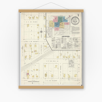 Old map wall art mockup — magnetic wood frame on white wall — Sanborn Fire Insurance Map from Galva, Henry County, Illinois (1913) - Complete Map Set