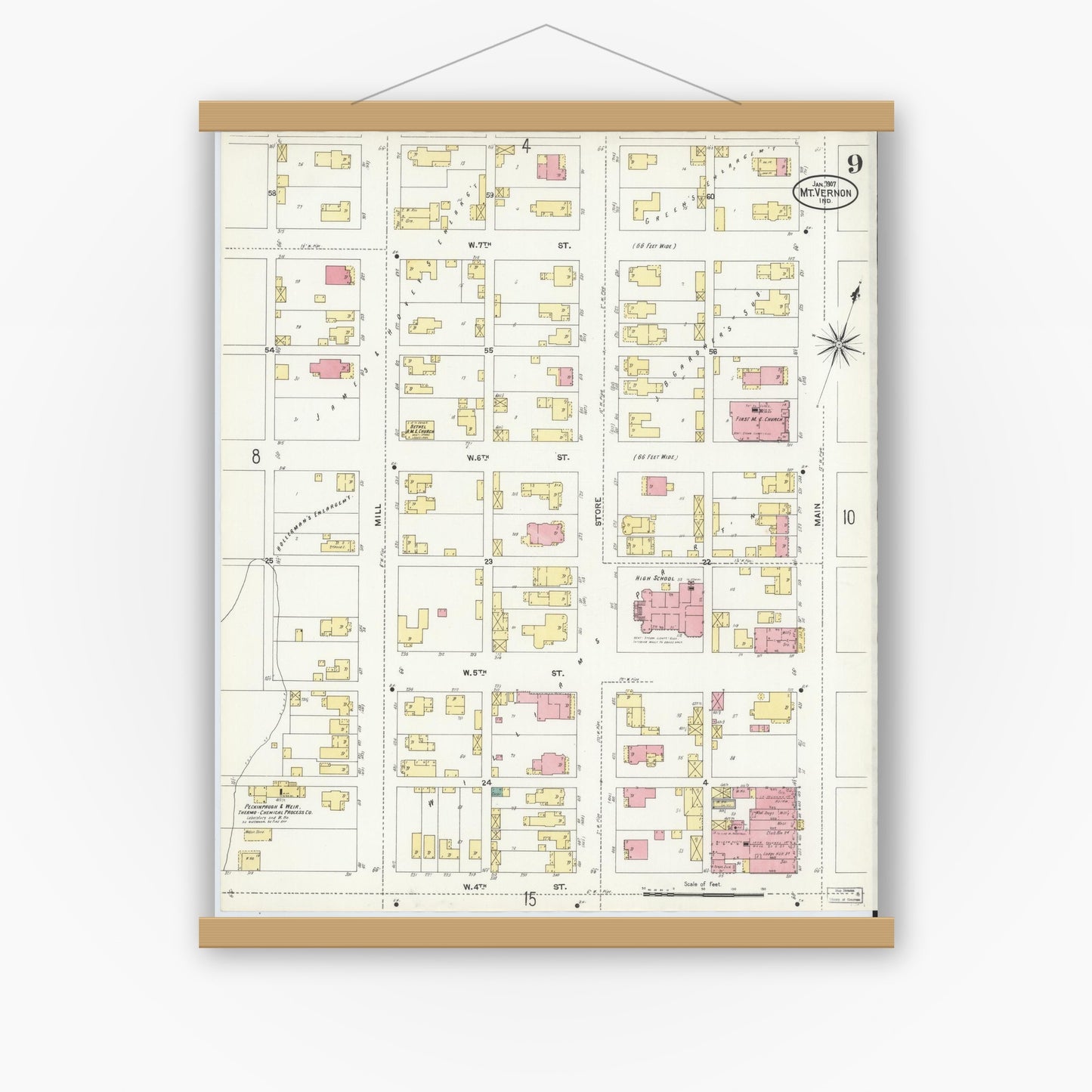 Old map wall art mockup — magnetic wood frame on white wall — Sanborn Fire Insurance Map from Mount Vernon, Posey County, Indiana (1907), Sheet #0009