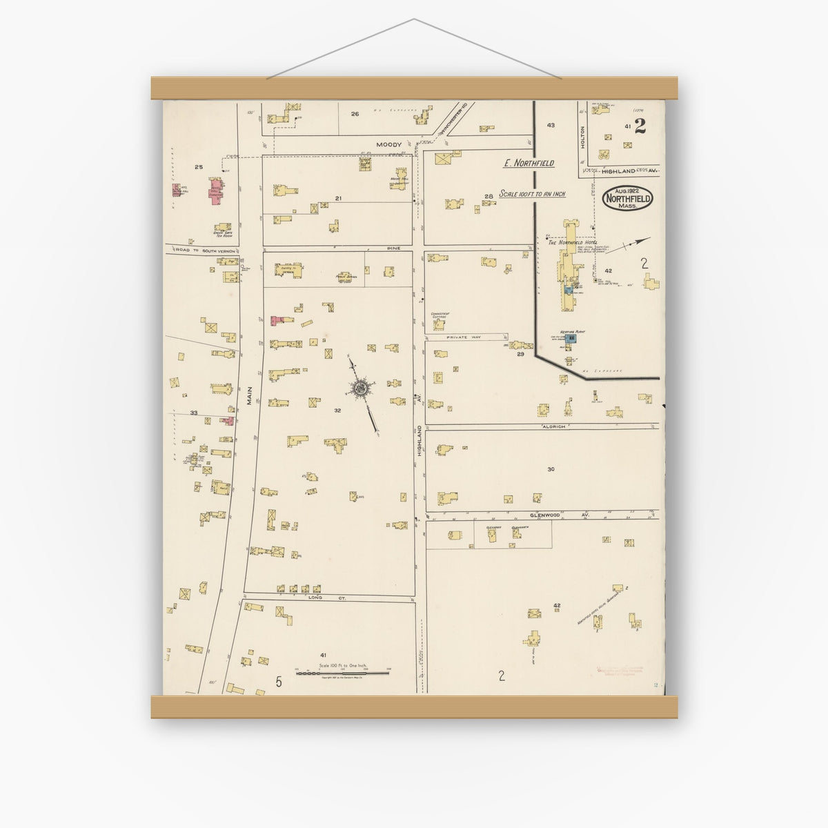 Old map wall art mockup — magnetic wood frame on white wall — Sanborn Fire Insurance Map from Northfield, Franklin County, Massachusetts (1922), Sheet #0002