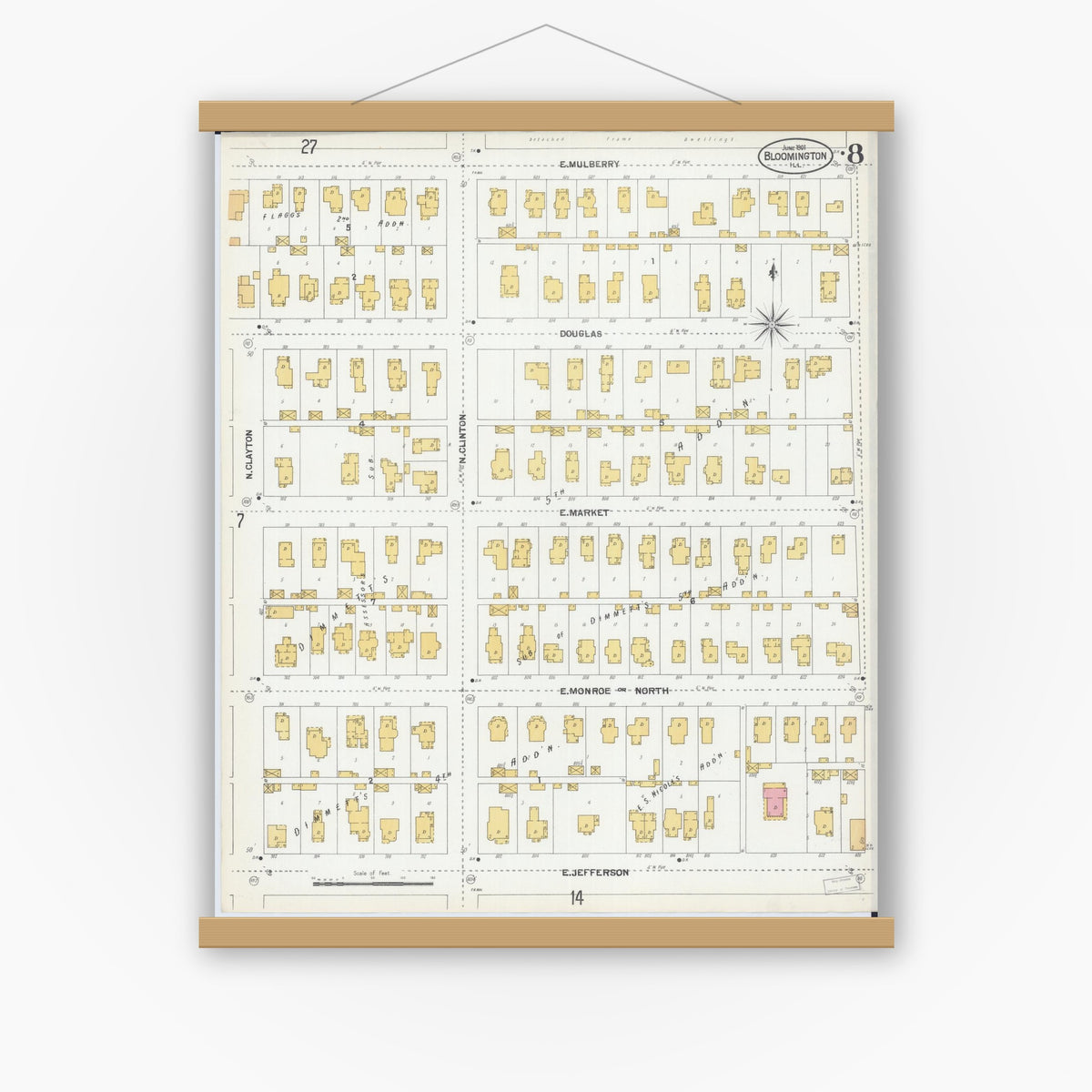 Old map wall art mockup — magnetic wood frame on white wall — Sanborn Fire Insurance Map from Bloomington, McLean County, Illinois (1901), Sheet #0008