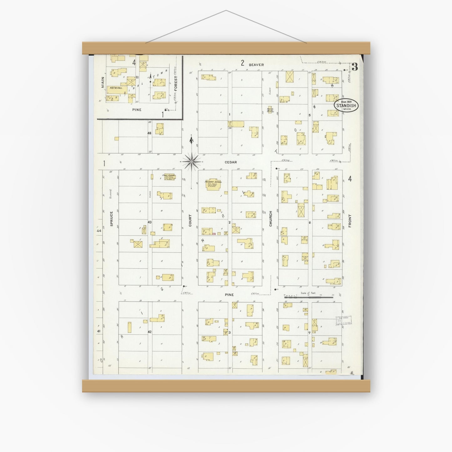 Old map wall art mockup — magnetic wood frame on white wall — Sanborn Fire Insurance Map from Standish, Arenac County, Michigan (1909), Sheet #0003