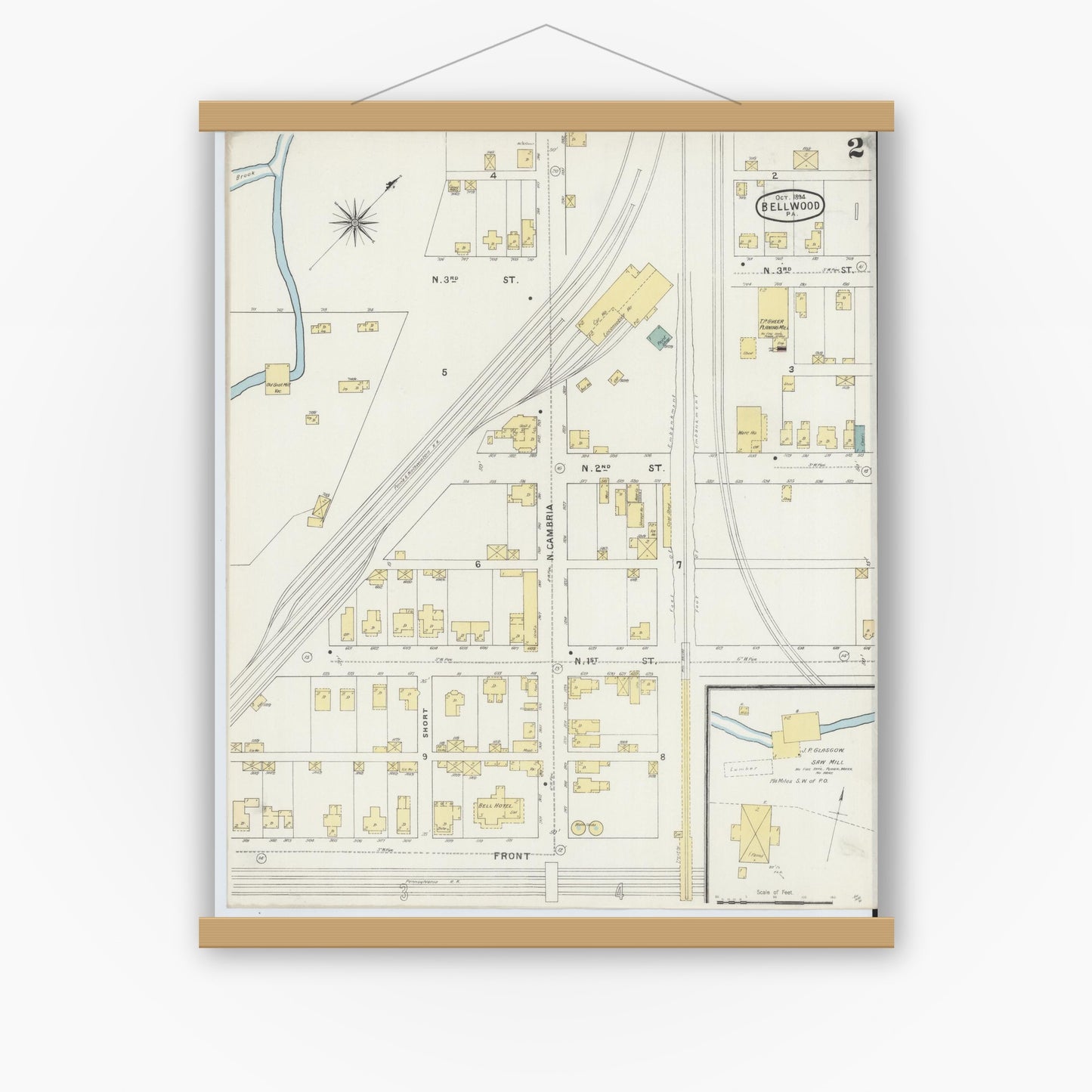 Old map wall art mockup — magnetic wood frame on white wall — Sanborn Fire Insurance Map from Bellwood, Blair County, Pennsylvania (1894), Sheet #0002