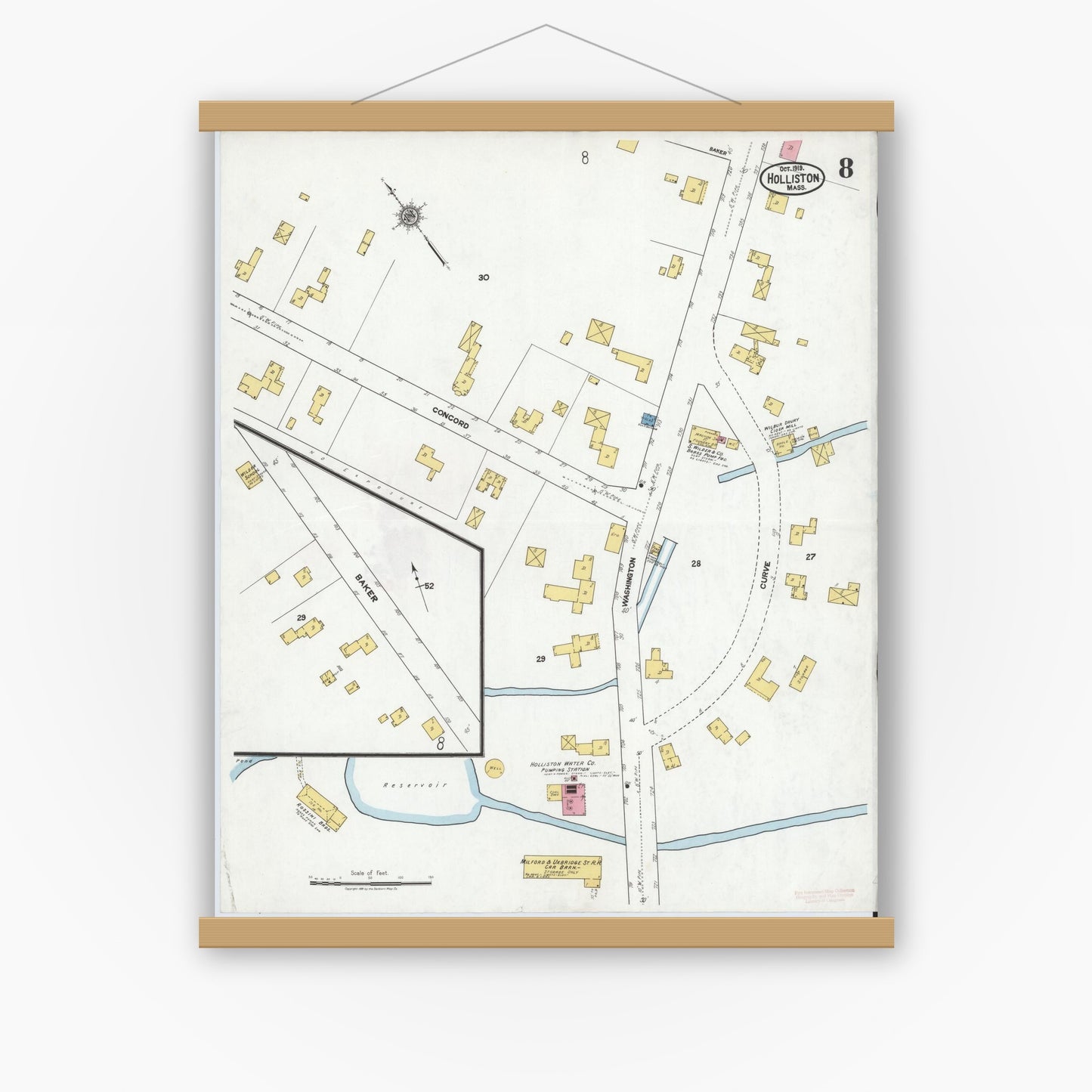 Old map wall art mockup — magnetic wood frame on white wall — Sanborn Fire Insurance Map from Holliston, Middlesex County, Massachusetts (1919), Sheet #0008