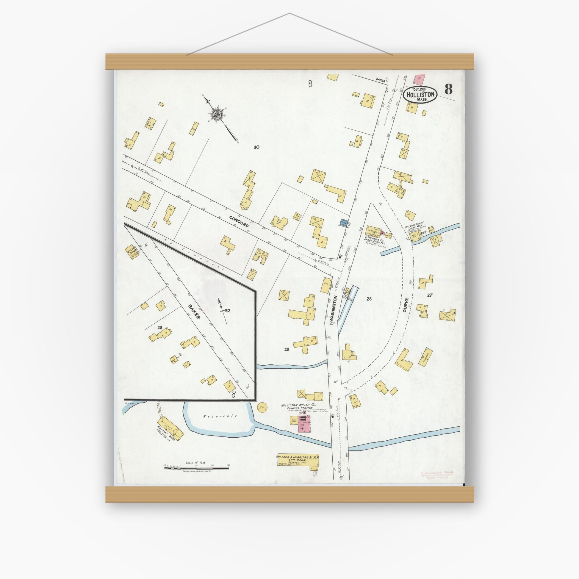 Old map wall art mockup — magnetic wood frame on white wall — Sanborn Fire Insurance Map from Holliston, Middlesex County, Massachusetts (1919), Sheet #0008