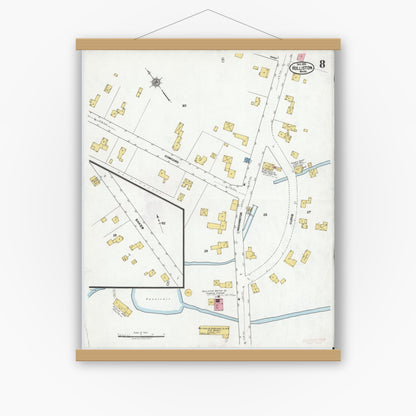 Old map wall art mockup — magnetic wood frame on white wall — Sanborn Fire Insurance Map from Holliston, Middlesex County, Massachusetts (1919), Sheet #0008