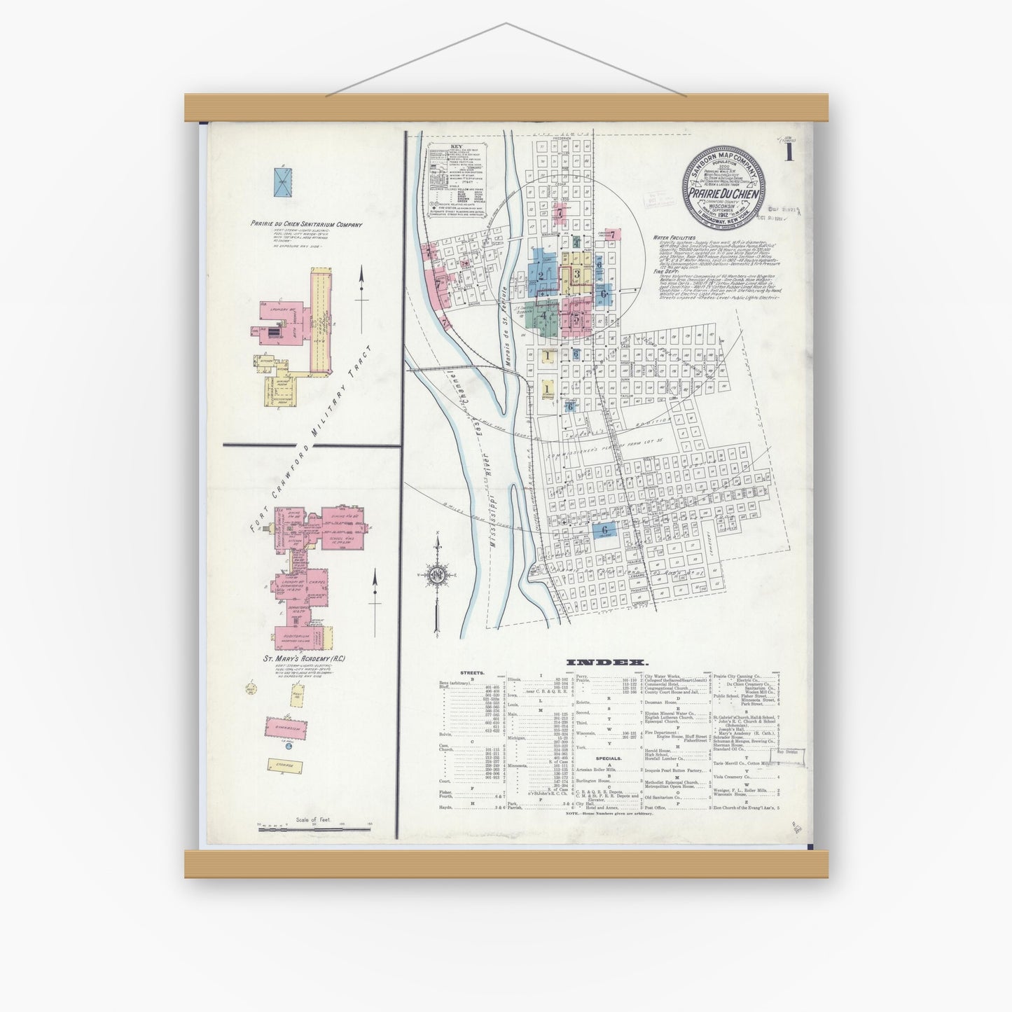 Old map wall art mockup — magnetic wood frame on white wall — Sanborn Fire Insurance Map from Prairie du Chien, Crawford County, Wisconsin (1912), Sheet #0001