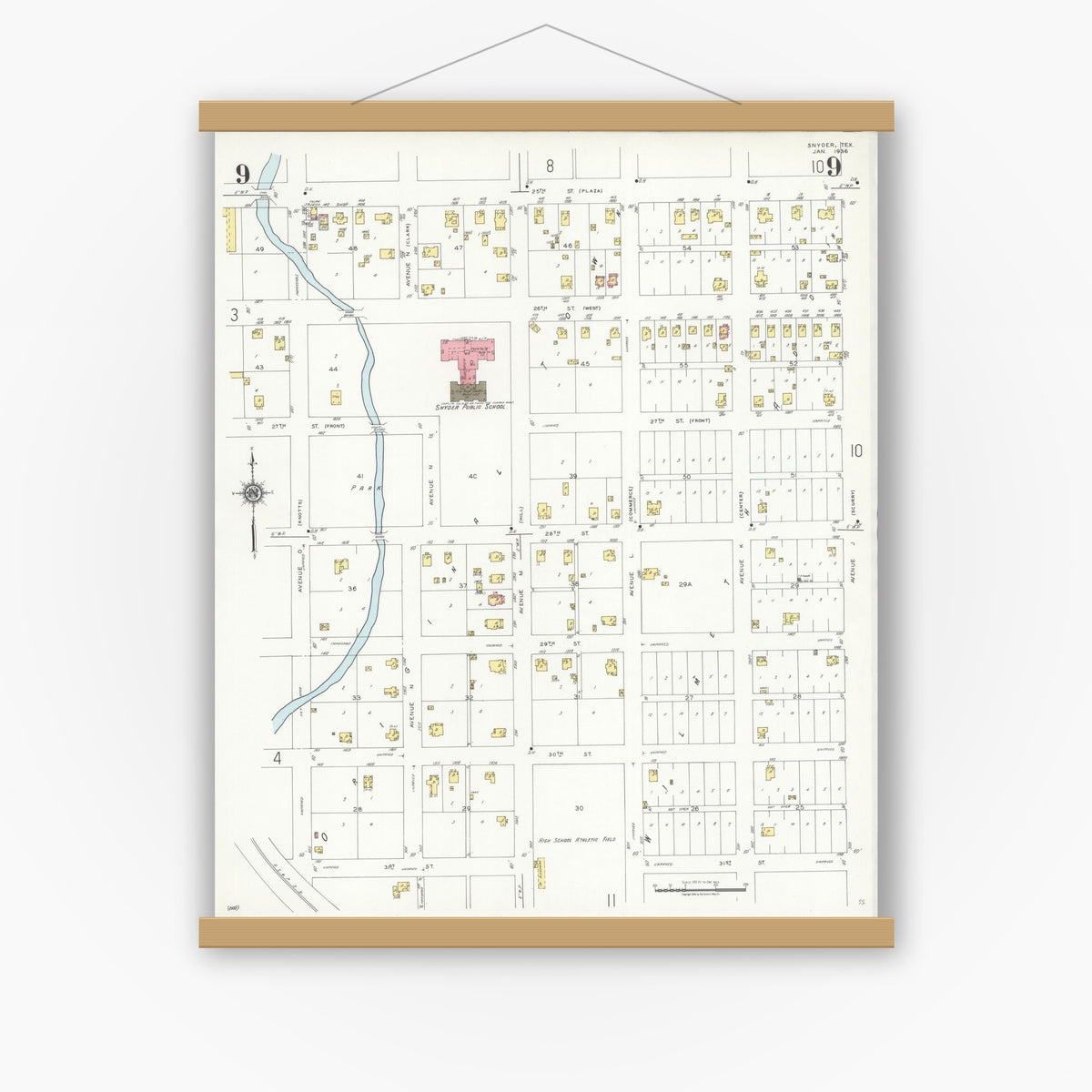 Old map wall art mockup — magnetic wood frame on white wall — Sanborn Fire Insurance Map from Snyder, Scurry County, Texas (1936), Sheet #0009