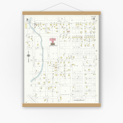 Old map wall art mockup — magnetic wood frame on white wall — Sanborn Fire Insurance Map from Snyder, Scurry County, Texas (1936), Sheet #0009
