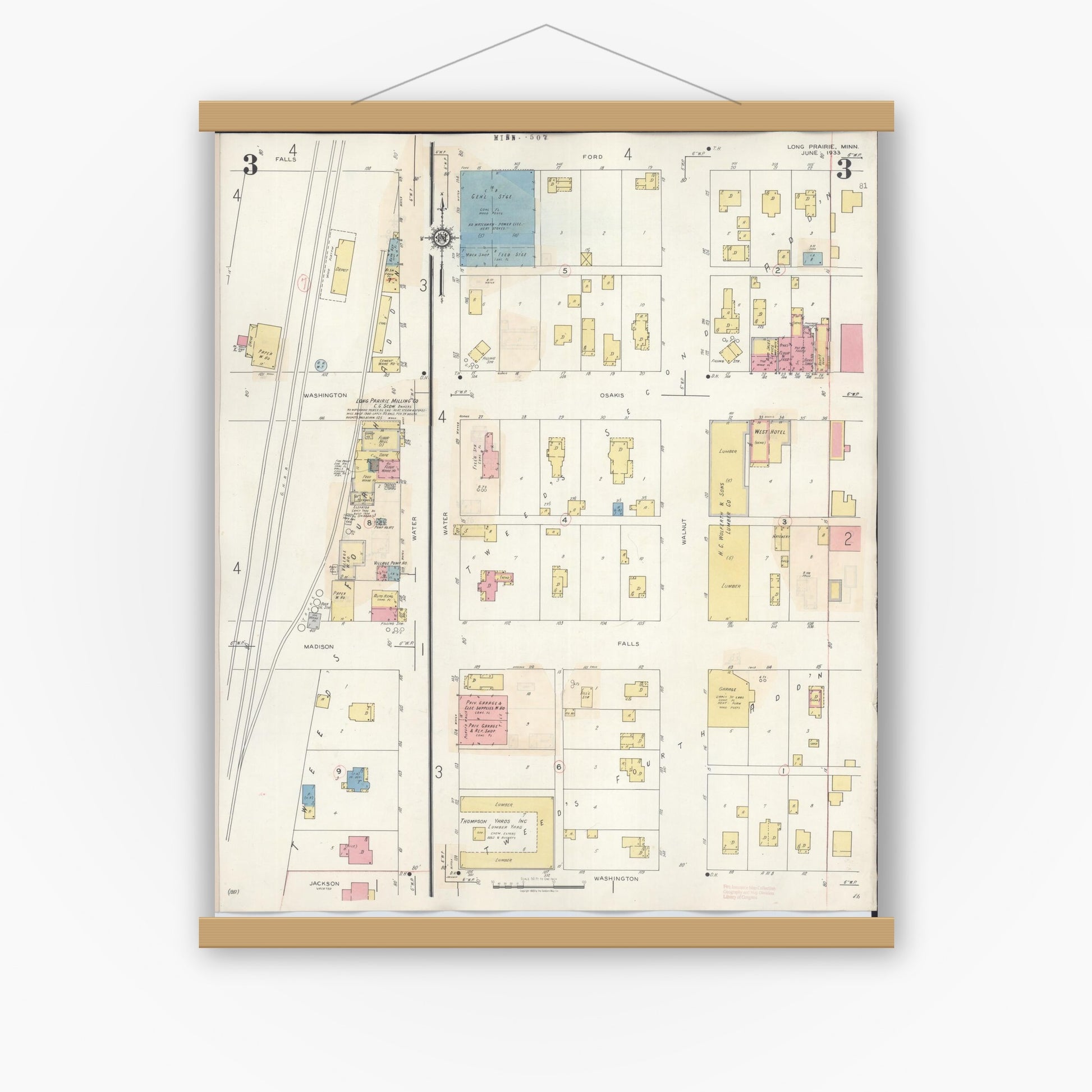 Old map wall art mockup — magnetic wood frame on white wall — Sanborn Fire Insurance Map from Long Prairie, Todd County, Minnesota (1945), Sheet #0003
