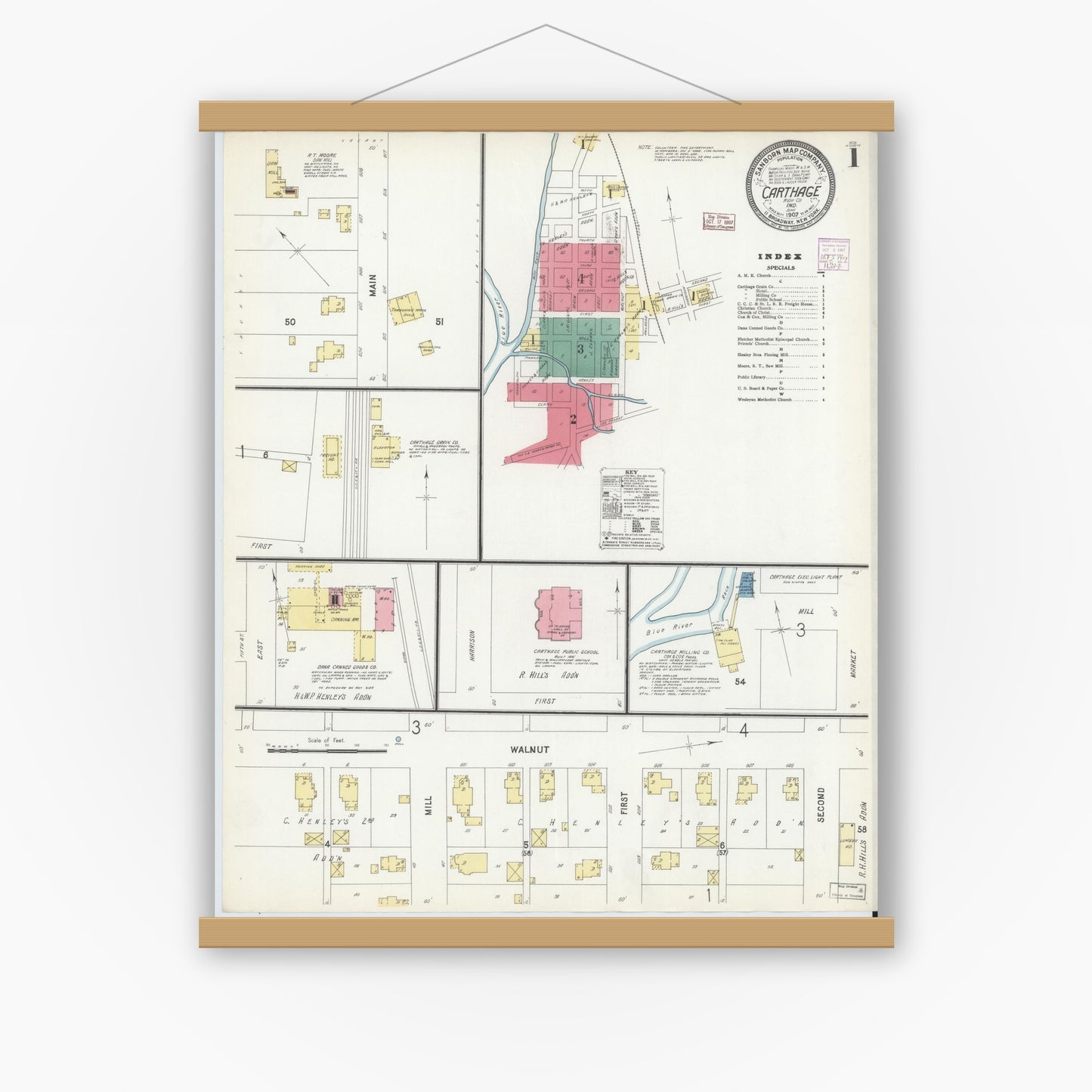 Old map wall art mockup — magnetic wood frame on white wall — Sanborn Fire Insurance Map from Carthage, Rush County, Indiana (1907) - Complete Map Set
