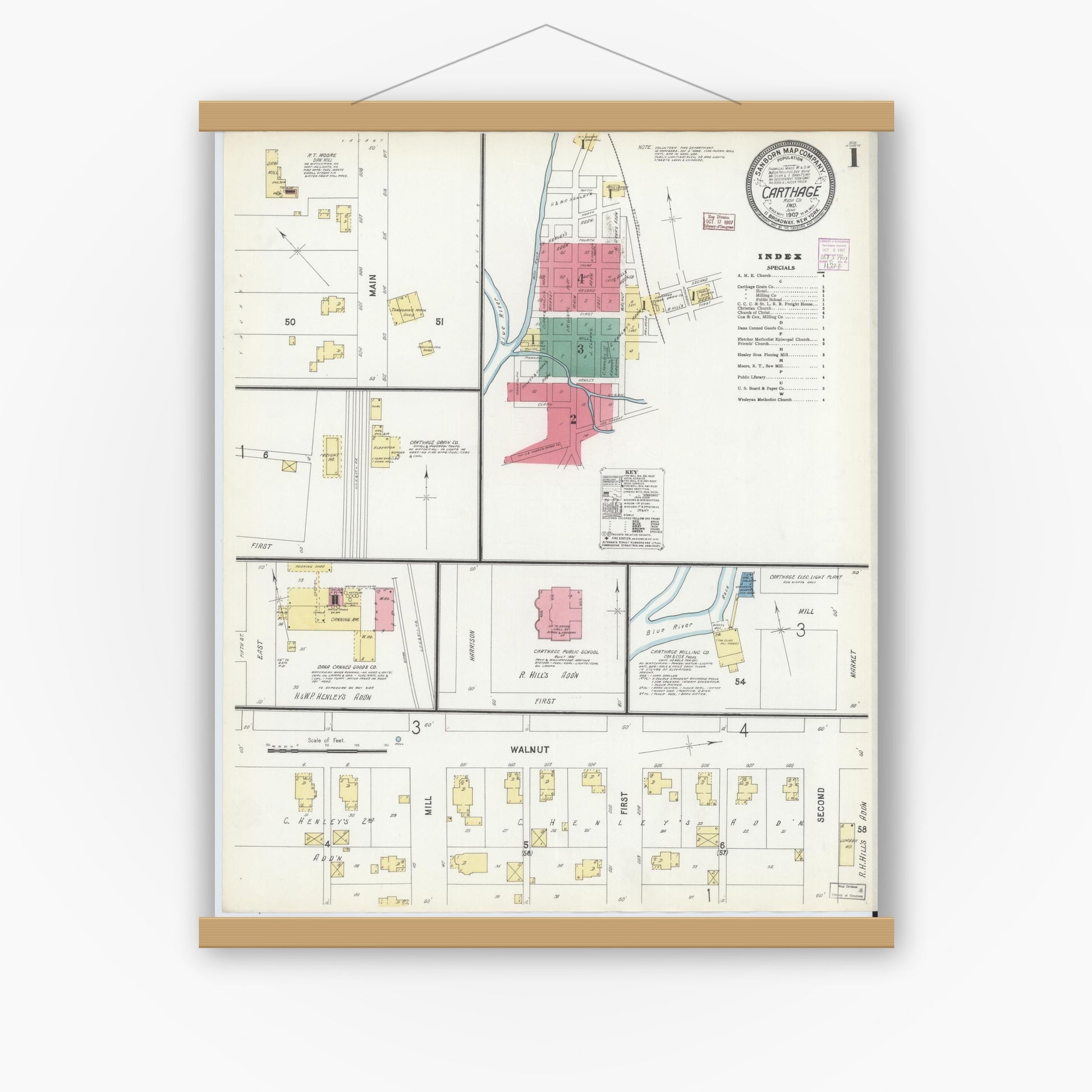 Old map wall art mockup — magnetic wood frame on white wall — Sanborn Fire Insurance Map from Carthage, Rush County, Indiana (1907) - Complete Map Set