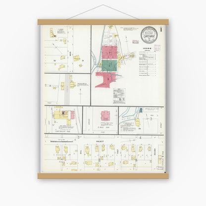 Old map wall art mockup — magnetic wood frame on white wall — Sanborn Fire Insurance Map from Carthage, Rush County, Indiana (1907) - Complete Map Set