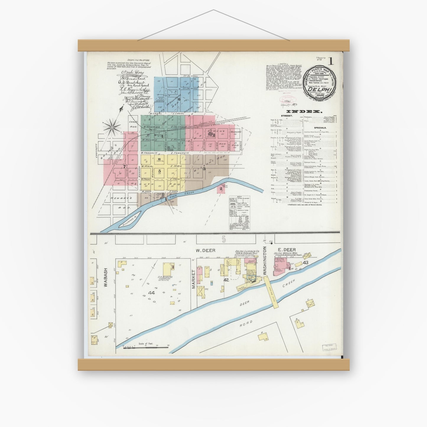 Old map wall art mockup — magnetic wood frame on white wall — Sanborn Fire Insurance Map from Delphi, Carroll County, Indiana (1893), Sheet #0001