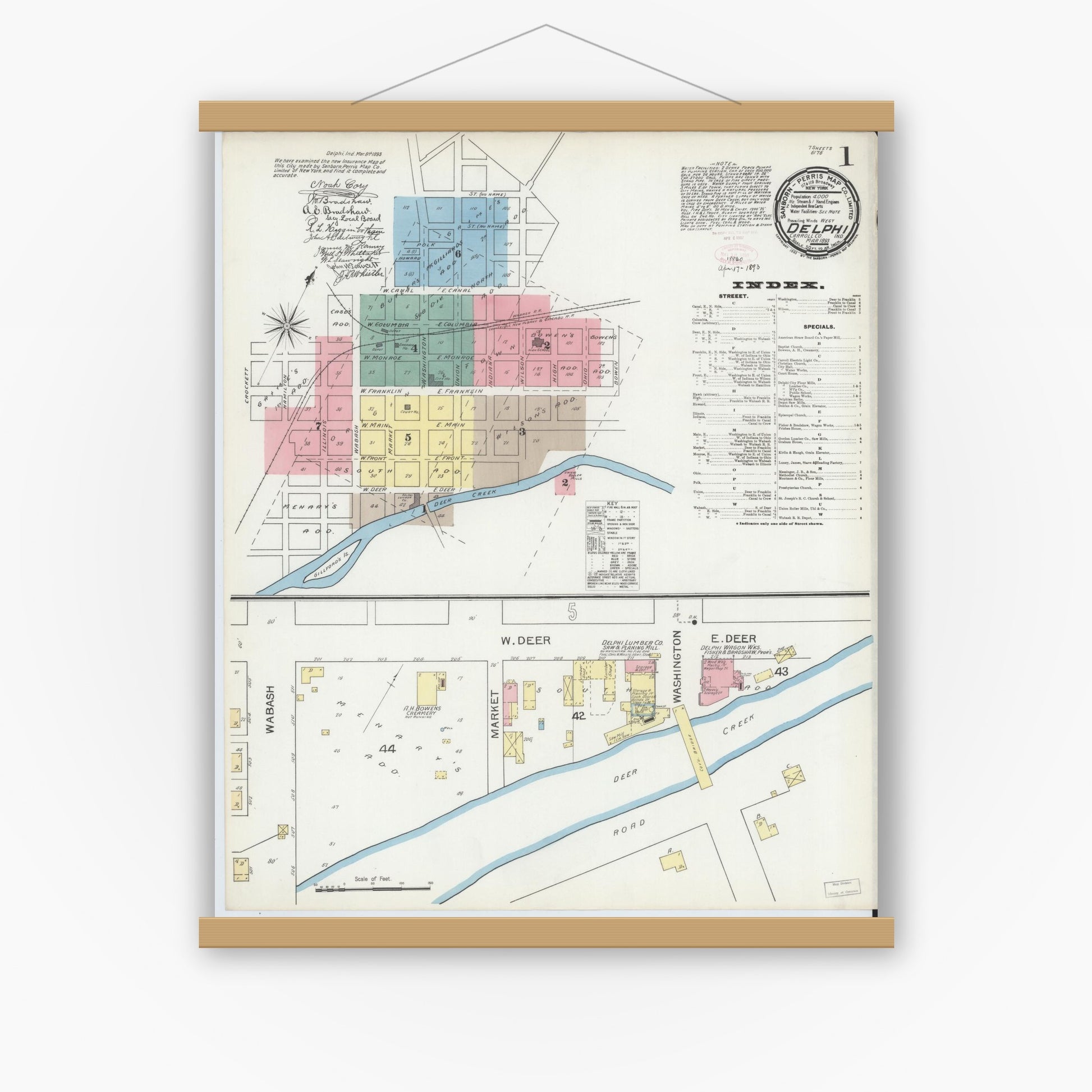 Old map wall art mockup — magnetic wood frame on white wall — Sanborn Fire Insurance Map from Delphi, Carroll County, Indiana (1893), Sheet #0001