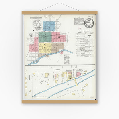 Old map wall art mockup — magnetic wood frame on white wall — Sanborn Fire Insurance Map from Delphi, Carroll County, Indiana (1893), Sheet #0001