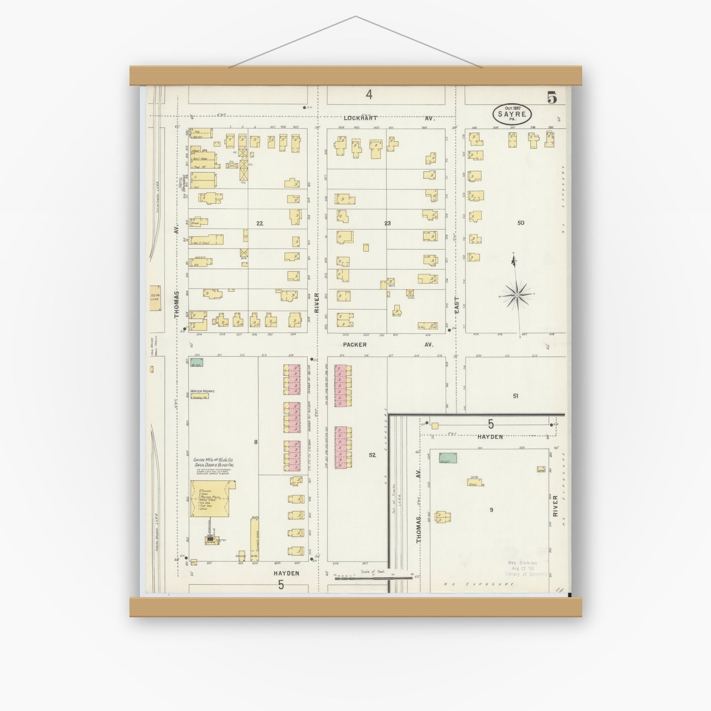 Old map wall art mockup — magnetic wood frame on white wall — Sanborn Fire Insurance Map from Sayre, Bradford County, Pennsylvania (1897), Sheet #0005