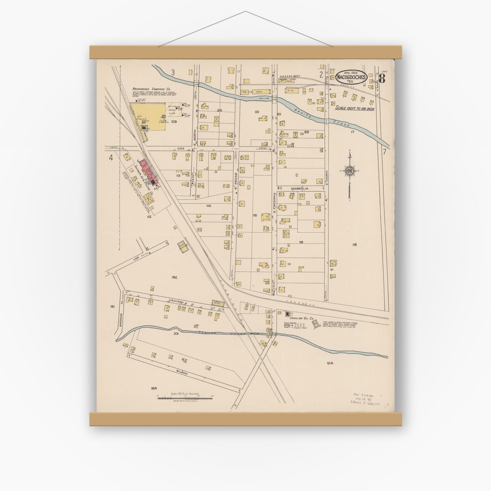 Old map wall art mockup — magnetic wood frame on white wall — Sanborn Fire Insurance Map from Nacogdoches, Nacogdoches County, Texas (1922), Sheet #0008