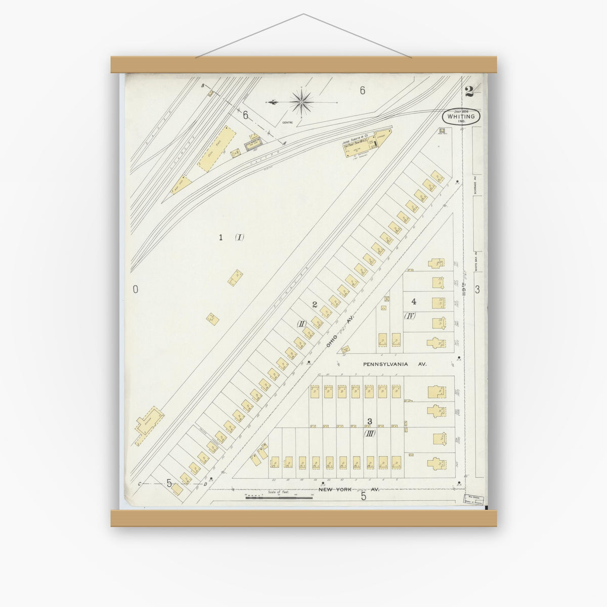 Old map wall art mockup — magnetic wood frame on white wall — Sanborn Fire Insurance Map from Whiting, Lake County, Indiana (1896), Sheet #0002