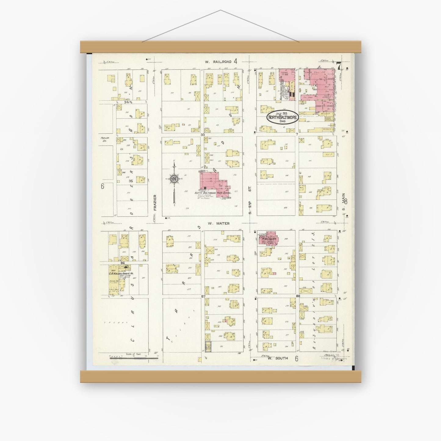 Old map wall art mockup — magnetic wood frame on white wall — Sanborn Fire Insurance Map from North Baltimore, Wood County, Ohio (1913), Sheet #0007