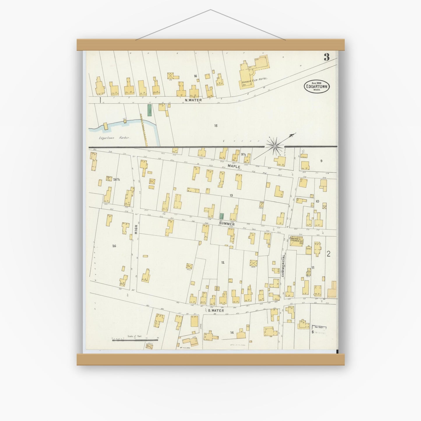 Old map wall art mockup — magnetic wood frame on white wall — Sanborn Fire Insurance Map from Edgartown, Dukes County, Massachusetts (1898), Sheet #0003