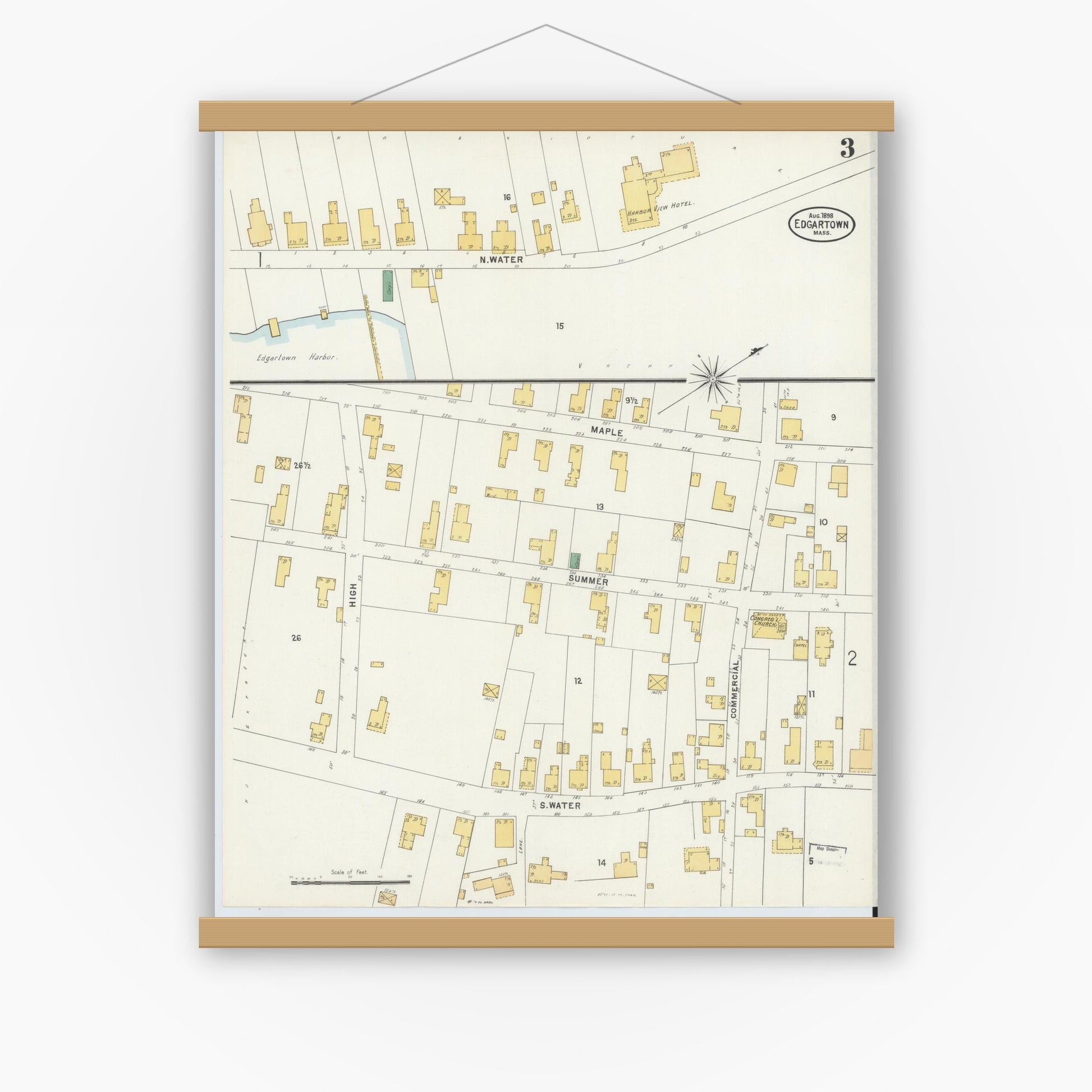 Old map wall art mockup — magnetic wood frame on white wall — Sanborn Fire Insurance Map from Edgartown, Dukes County, Massachusetts (1898), Sheet #0003