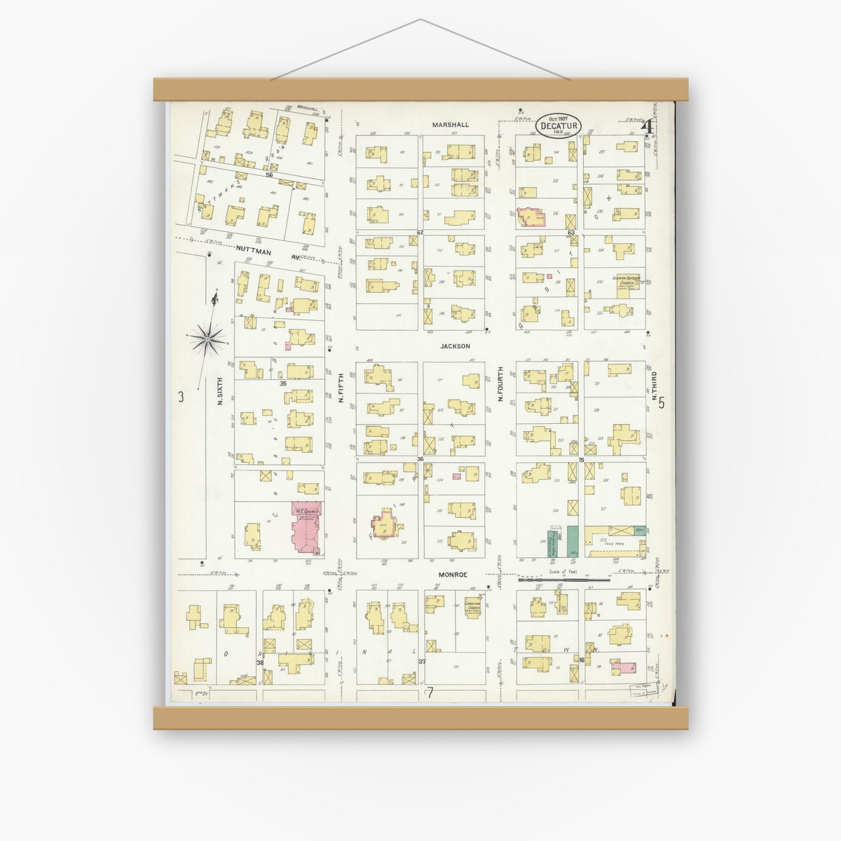 Old map wall art mockup — magnetic wood frame on white wall — Sanborn Fire Insurance Map from Decatur, Adams County, Indiana (1907), Sheet #0004