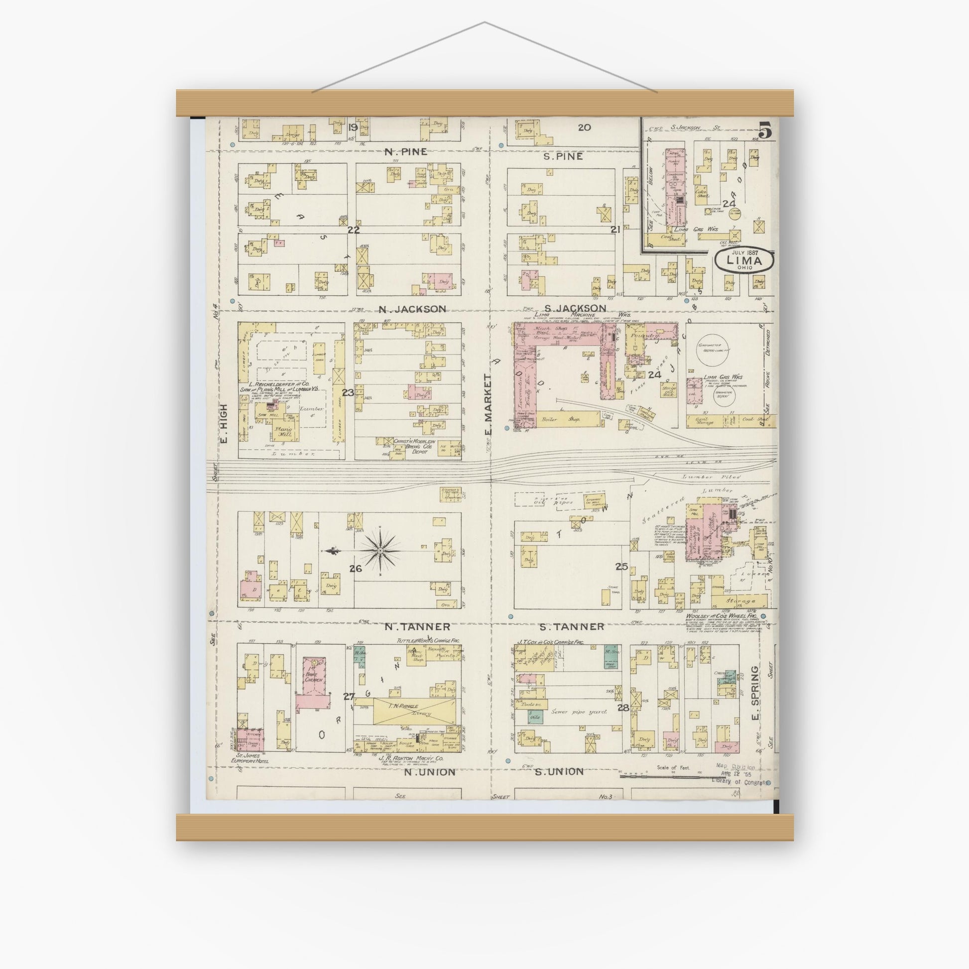 Old map wall art mockup — magnetic wood frame on white wall — Sanborn Fire Insurance Map from Lima, Allen County, Ohio (1887), Sheet #0005