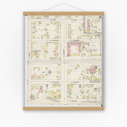 Old map wall art mockup — magnetic wood frame on white wall — Sanborn Fire Insurance Map from Lima, Allen County, Ohio (1887), Sheet #0005