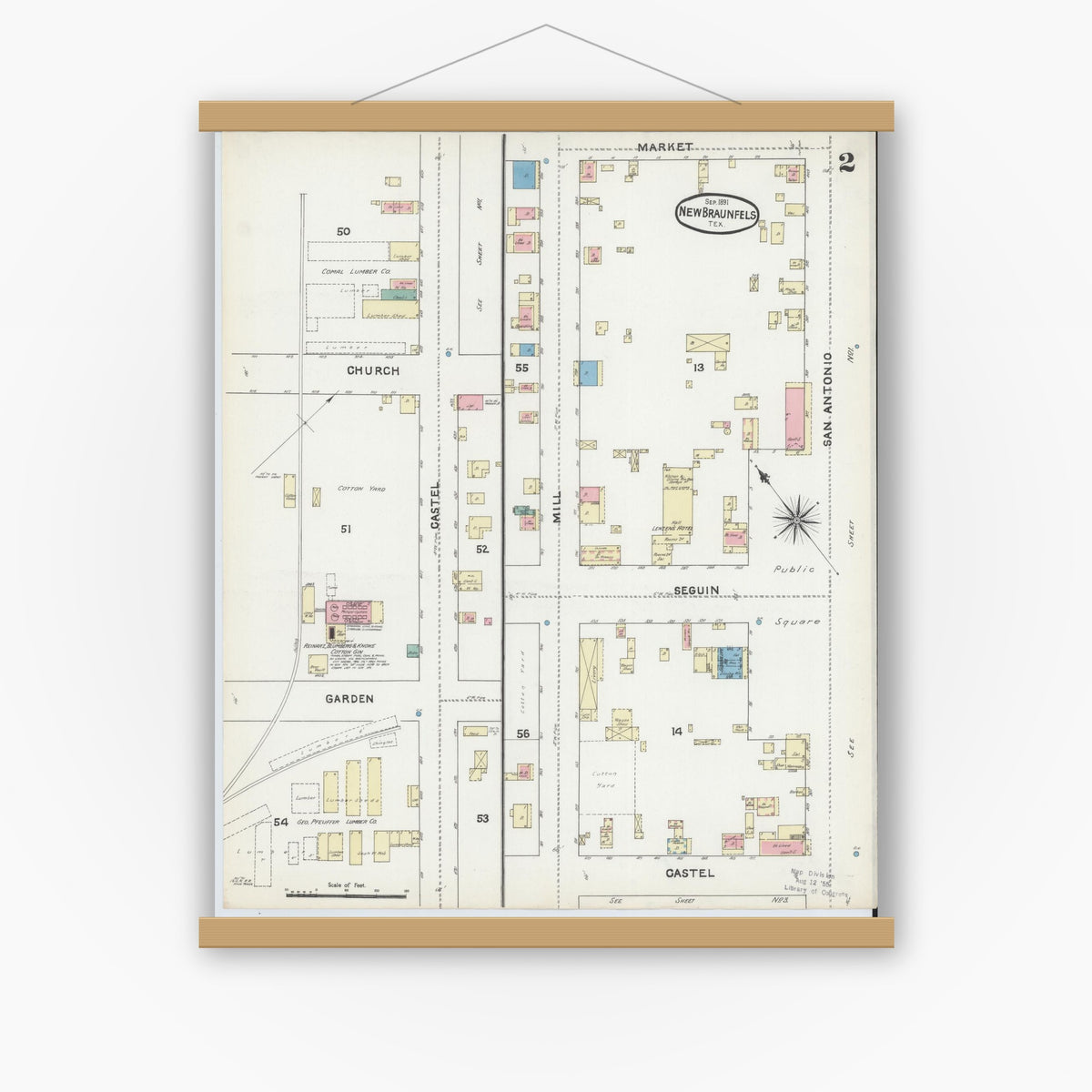 Old map wall art mockup — magnetic wood frame on white wall — Sanborn Fire Insurance Map from New Braunfels, Comal County, Texas (1891), Sheet #0002