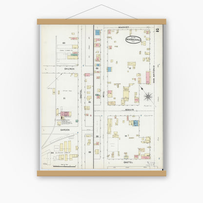 Old map wall art mockup — magnetic wood frame on white wall — Sanborn Fire Insurance Map from New Braunfels, Comal County, Texas (1891), Sheet #0002
