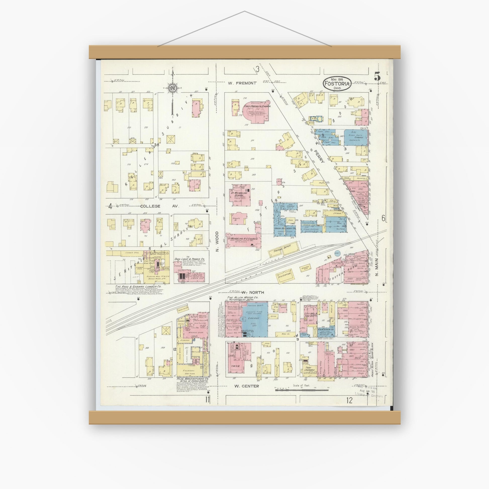 Old map wall art mockup — magnetic wood frame on white wall — Sanborn Fire Insurance Map from Fostoria, Seneca, Hancock, And Wood Counties, Ohio (1914), Sheet #0005