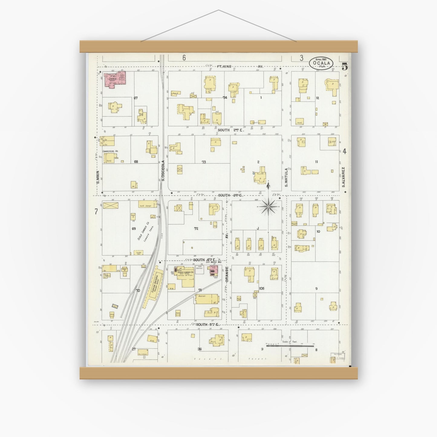 Old map wall art mockup — magnetic wood frame on white wall — Sanborn Fire Insurance Map from Ocala, Marion County, Florida (1901), Sheet #0005
