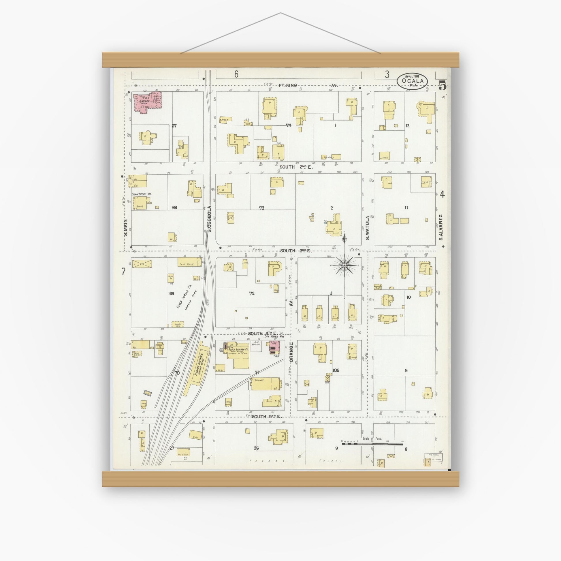 Old map wall art mockup — magnetic wood frame on white wall — Sanborn Fire Insurance Map from Ocala, Marion County, Florida (1901), Sheet #0005