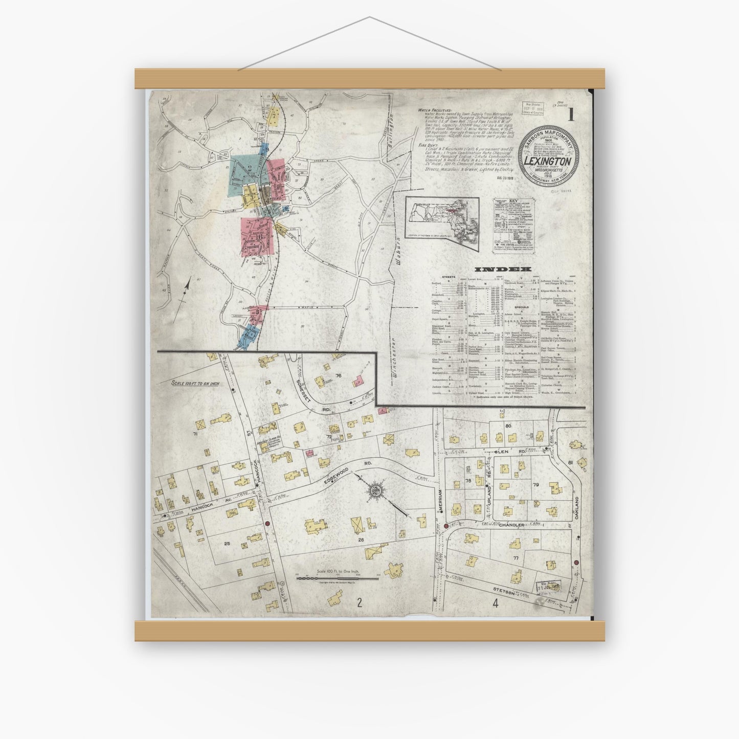 Old map wall art mockup — magnetic wood frame on white wall — Sanborn Fire Insurance Map from Lexington, Middlesex County, Massachusetts (1918), Sheet #0001